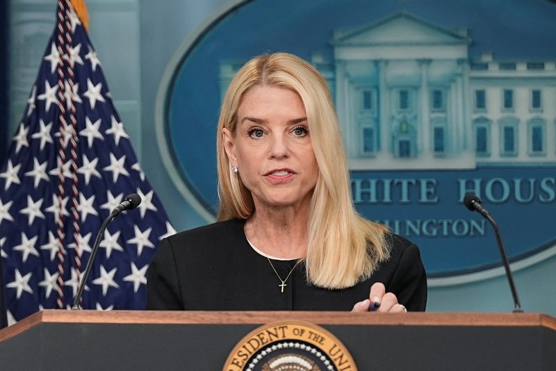FILE PHOTO: U.S. Attorney General Pam Bondi speaks to the media in the Press Briefing Room at the White House in Washington D.C., June 27, 2025. REUTERS/Ken Cedeno/File Photo