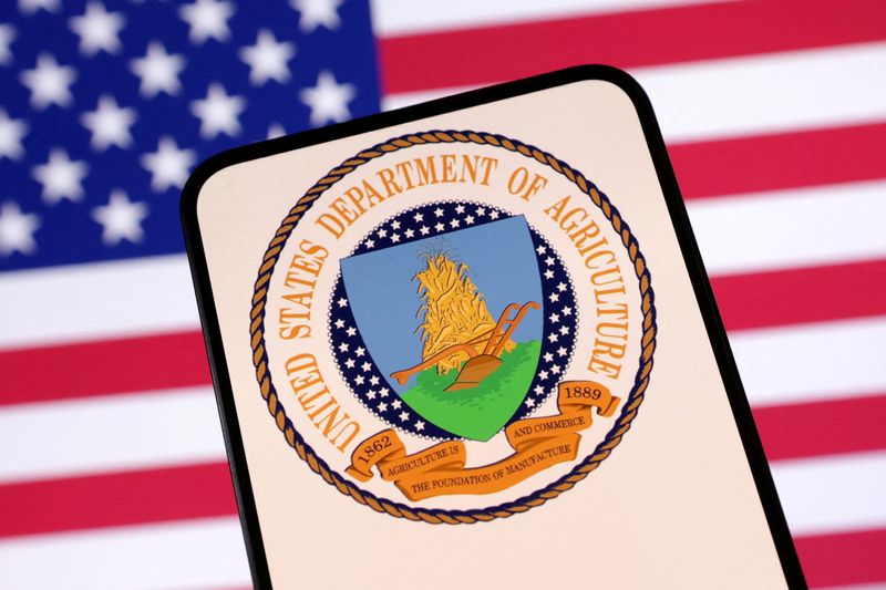 FILE PHOTO: United States Department of Agriculture logo and U.S. flag are seen in this illustration taken April 23, 2025. REUTERS/Dado Ruvic/Illustration/File Photo