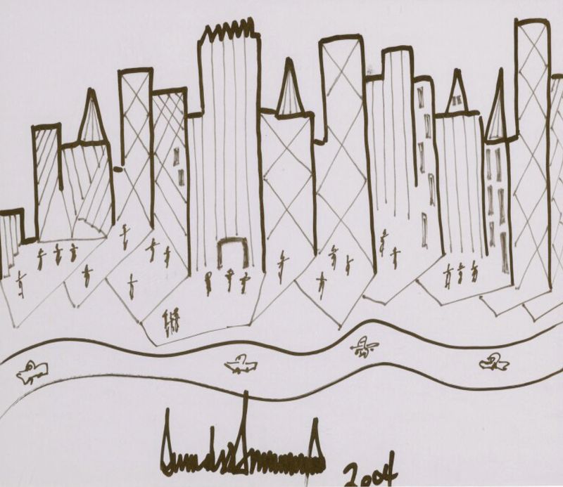 A New York cityscape skyline drawing signed by Donald Trump and dated 2004, which Sotheby's auction house said was created for the Capuchin Food Pantry's benefit Doodle for Hunger, as promoted for auction on Sotheby's website in January 2020.   Donald J. Trump/Sotheby's via REUTERS