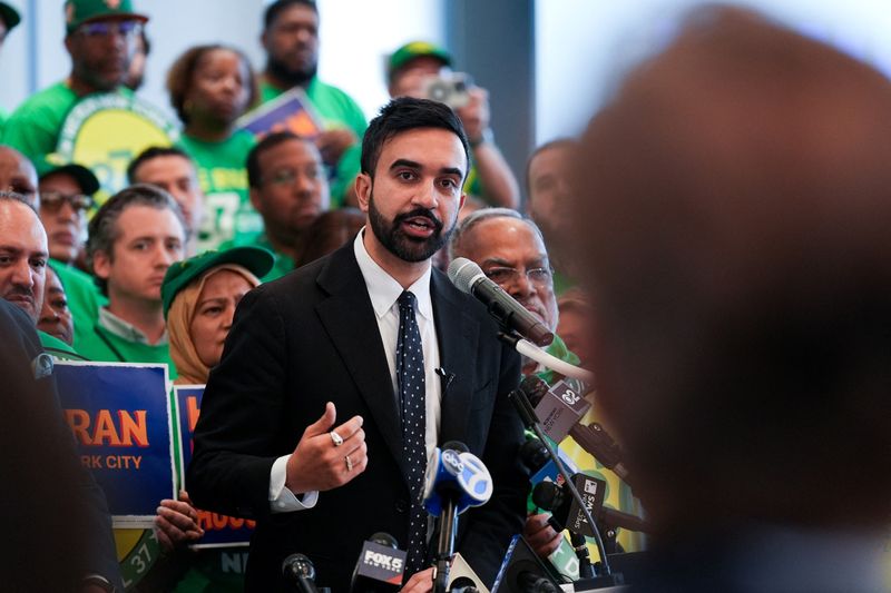New York City mayoral candidate Zohran Mamdani speaks at an event to celebrate his endorsement from District Council 37, New York's City's largest labor union, in New York City, U.S., July 15, 2025. REUTERS/Adam Gray/File Photo