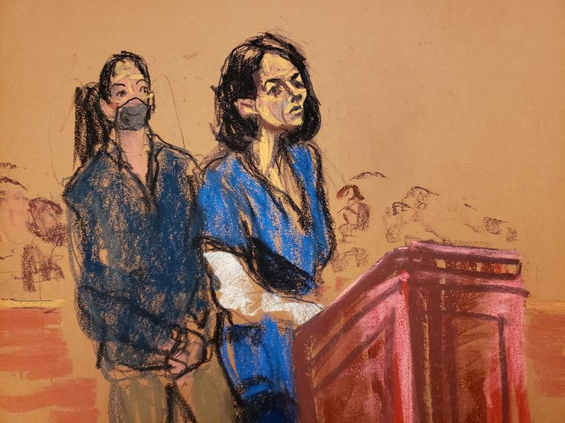 FILE PHOTO: Jeffrey Epstein associate Ghislaine Maxwell stands at the podium to address Judge Alison Nathan during her sentencing in a courtroom sketch in New York City, U.S. June 28, 2022.    REUTERS/Jane Rosenberg/File Photo