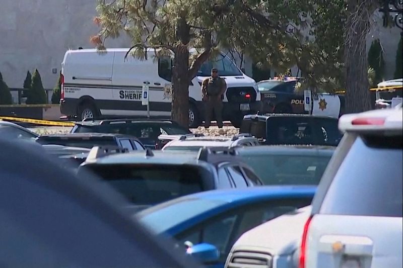 A Washoe County Sheriff's Deputy keeps watch outside the Grand Sierra Resort casino after a fatal shooting in Reno, Nevada, U.S., July 28, 2025 in this still image taken from a video. ABC Affiliate KOLO via REUTERS