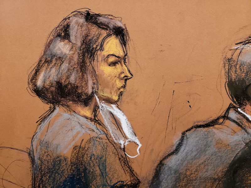 FILE PHOTO: Jeffrey Epstein associate Ghislaine Maxwell sits at the defense table as juror number 50 answers questions from Judge Alison Nathan about his answers on the juror questionaire in a courtroom sketch in New York City, U.S., March 8, 2022. Maxwell was convicted on Dec. 29 on five of the six counts she faced for helping the late financier and convicted sex offender Jeffrey Epstein sexually abuse underage girls. REUTERS/Jane Rosenberg/File Photo