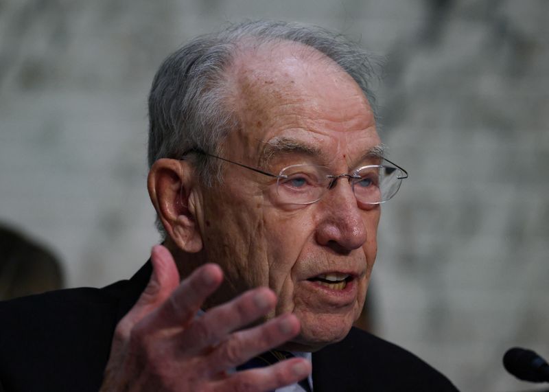FILE PHOTO: U.S. Senator Chuck Grassley (R-IA) speaks as Kash Patel, U.S. President Donald Trump's nominee to be director of the FBI, testifies before a Senate Judiciary Committee confirmation hearing on Capitol Hill in Washington, U.S., January 30, 2025. REUTERS/Evelyn Hockstein/File Photo