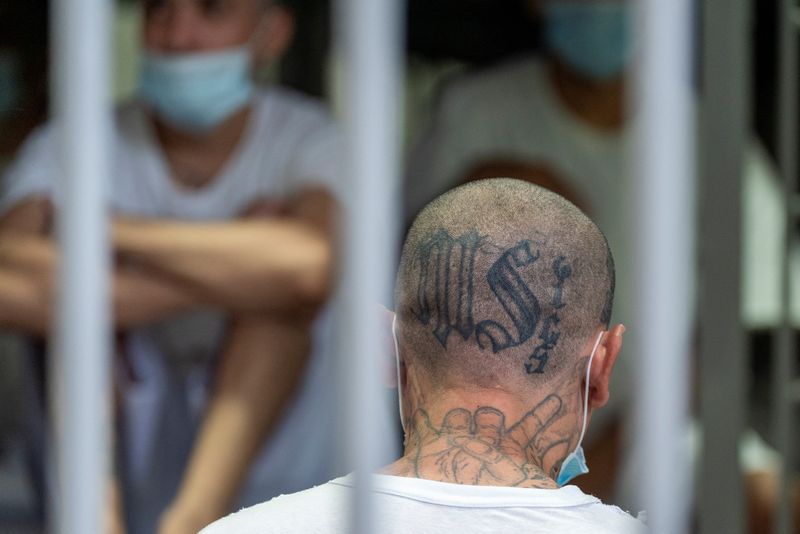 FILE PHOTO: A prisoner with a MS-13 gang tattoo stands in a cell as Homeland Security Secretary Kristi Noem tours the Terrorist Confinement Center in Tecoluca, El Salvador, Wednesday, March 26, 2025. Alex Brandon/Pool via REUTERS/File Photo