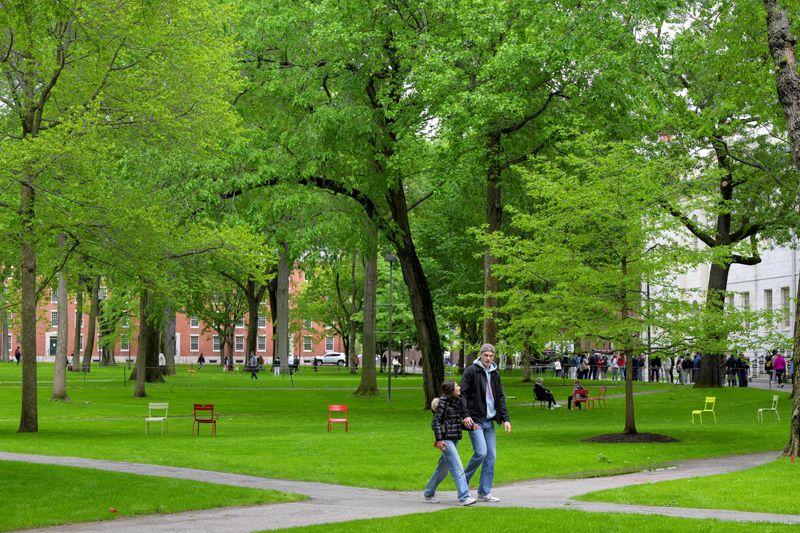 FILE PHOTO: Students walk on the campus of Harvard University in Cambridge, Massachusetts, U.S., May 23, 2025.   REUTERS/Faith Ninivaggi/File Photo