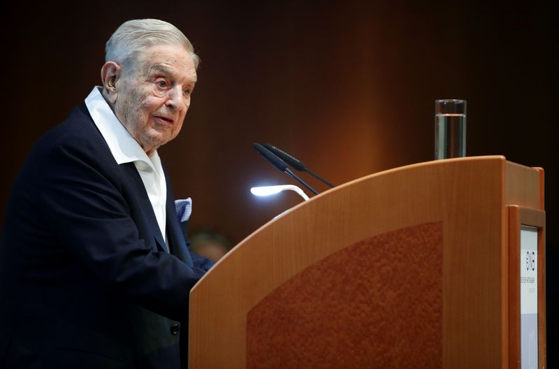 FILE PHOTO: Billionaire investor George Soros speaks to the audience at the Schumpeter Award in Vienna, Austria June 21, 2019. REUTERS/Lisi Niesner/File Photo