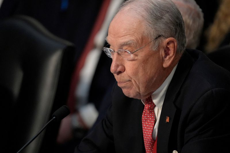 FILE PHOTO: Chairman of the Senate Judiciary Committee Senator Chuck Grassley (R-IA) attends an oversight hearing of U.S. Attorney General Pam Bondi, on Capitol Hill in Washington, D.C., U.S., October 7, 2025. REUTERS/Jonathan Ernst/File Photo