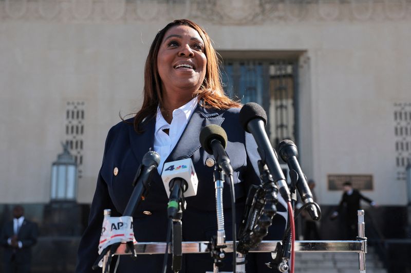 New York Attorney General Letitia James speaks to reporters, after she attended a hearing and pleaded not guilty to charges that she defrauded her mortgage lender, outside the U.S. District Court for the Eastern District of Virginia, in Norfolk, Virginia, U.S., October 24, 2025. REUTERS/Jonathan Ernst