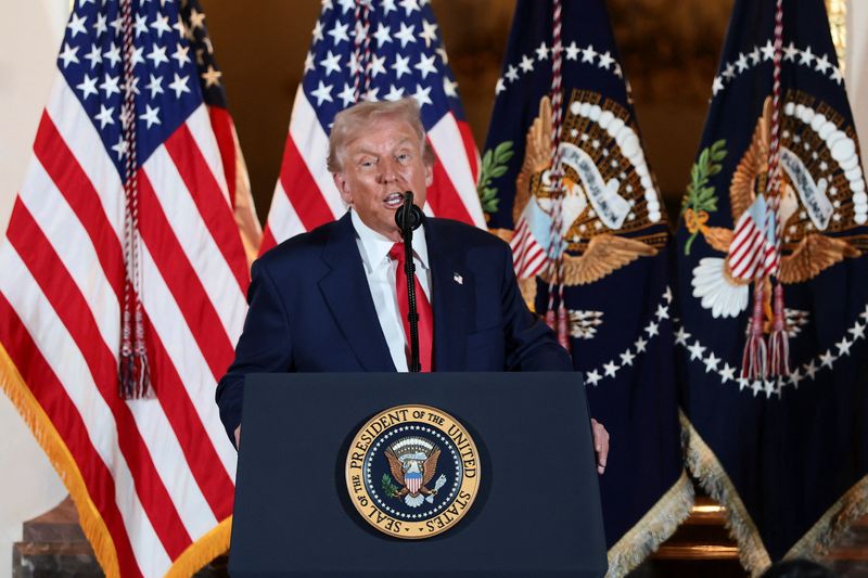 U.S. President Donald Trump delivers remarks at the U.S. Ambassador's Residence in Tokyo, Japan, October 28, 2025. REUTERS/Evelyn Hockstein