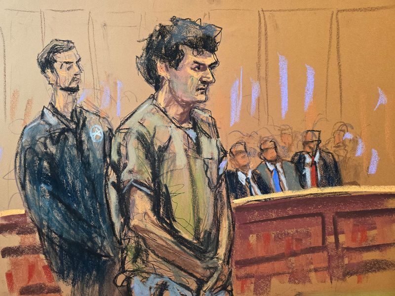 FTX founder Sam Bankman-Fried stands at the defense table to make a statement to U.S. District Judge Lewis Kaplan at Federal Court in New York City, U.S., March 28, 2024 in this courtroom sketch. REUTERS/Jane Rosenberg