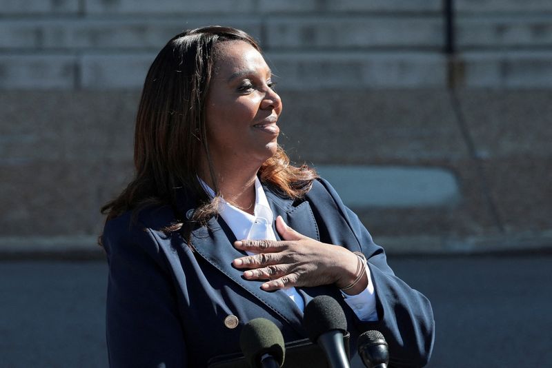 New York Attorney General Letitia James reacts as she stands outside the U.S. District Court for the Eastern District of Virginia, after she attended a hearing and pleaded not guilty to charges that she defrauded her mortgage lender, in Norfolk, Virginia, U.S., October 24, 2025. REUTERS/Jonathan Ernst