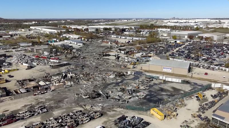 A drone view of the crash site next to a runway at the Muhammad Ali International Airport following the crash of a UPS cargo plane in Louisville, Kentucky, U.S., in this screengrab from a video released November 7, 2025. NTSB/Handout via REUTERS