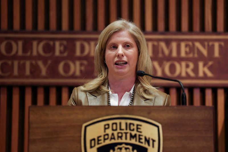 FILE PHOTO: New York City Police Department (NYPD) Commissioner Jessica Tisch speaks during a press conference at 1 Police Plaza in New York City, U.S., April 3, 2025. REUTERS/Jeenah Moon/File Photo
