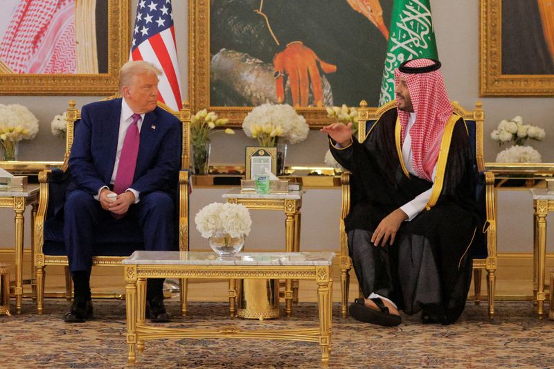 U.S. President Donald Trump and Saudi Crown Prince Mohammed Bin Salman meet in Riyadh, Saudi Arabia, May 13, 2025. REUTERS/Brian Snyder