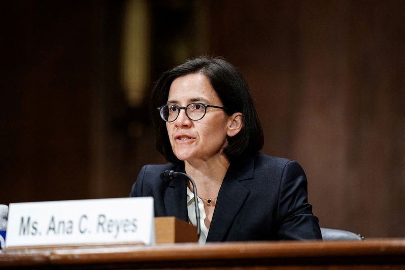 FILE PHOTO: Ana Reyes, nominee for district court judge in Washington, testifies before the Senate Judiciary Committee on Capitol Hill in Washington, D.C., U.S., June 22, 2022. If confirmed Reyes would become the first Hispanic woman and openly LGBTQ person to serve as a district court judge in Washington. REUTERS/Sarah Silbiger/File Photo