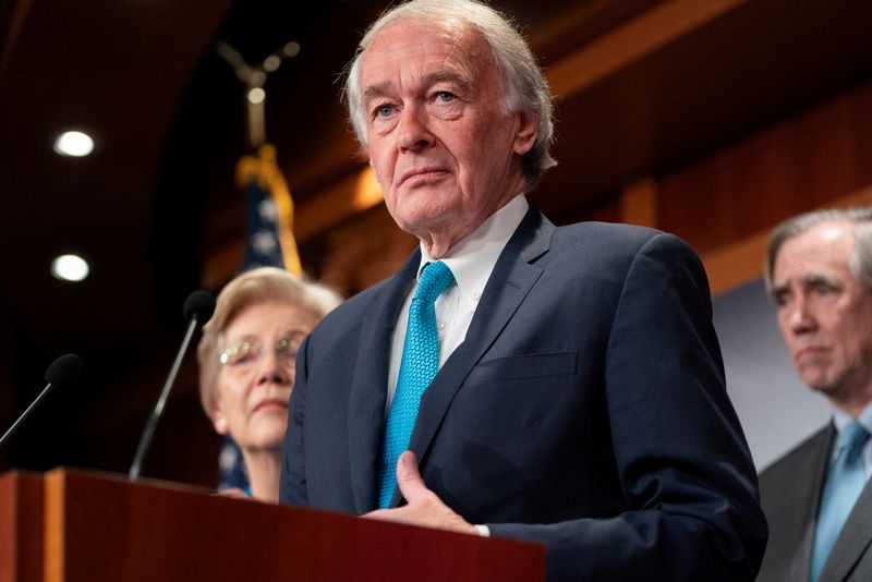 U.S. Senator Edward Markey (D-MA) alongside Senate Democrats speaks during a press conference addressing a new policy that demands recipients of foreign military aid to follow international humanitarian law at the U.S. Capitol in Washington, U.S., February 9, 2024. REUTERS/Nathan Howard