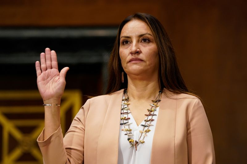 Sunshine Suzanne Sykes, a nominee to be a U.S. District Judge for the Central District Of California, swears in during a U.S. Senate Judiciary Committee hearing on Capitol Hill in Washington, U.S., February 1, 2022. REUTERS/Elizabeth Frantz