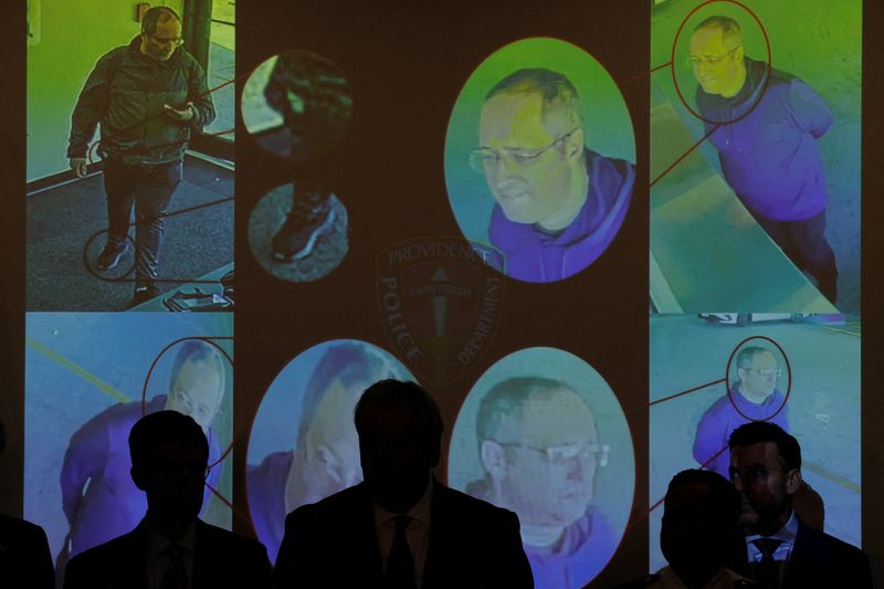 Images of the shooter at Brown University, identified by authorities as Claudio Neves Valente, are displayed during a press conference as civic leaders and law enforcement announce Valente has been found dead, in Providence, Rhode Island, U.S., December 18, 2025. REUTERS/Brian Snyder