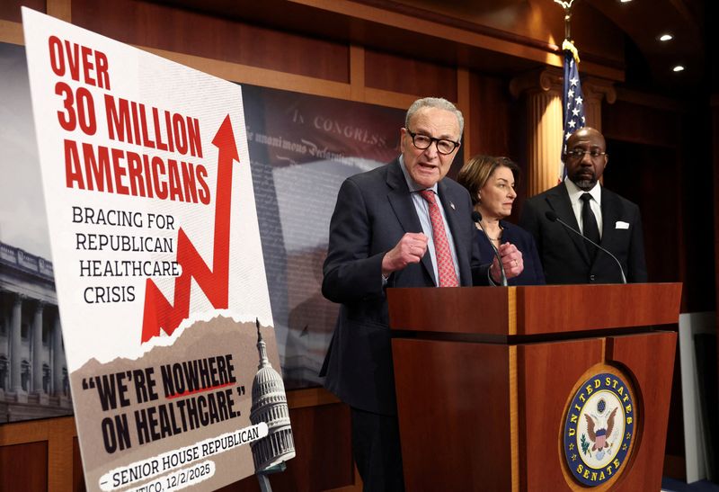 U.S. Senate Democratic Leader Chuck Schumer speaks following Senate votes on competing healthcare plans, at the U.S. Capitol in Washington, D.C., U.S., December 11, 2025.  REUTERS/Kevin Lamarque