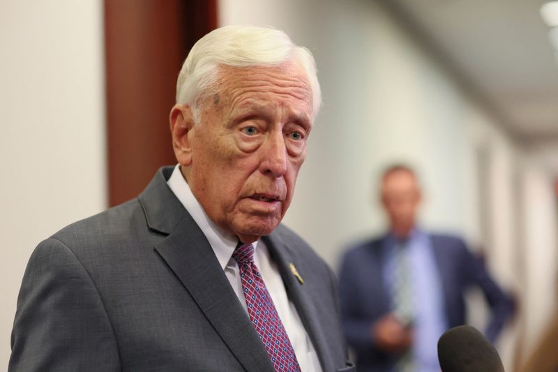 U.S. Representative Steny Hoyer (D-MD) speaks with the media as he walks to a democratic caucus meeting to nominate their own candidate for the next Speaker of the House, after Kevin McCarthy was ousted as Speaker, at the U.S. Capitol in Washington, U.S., October 10, 2023. REUTERS/Leah Millis