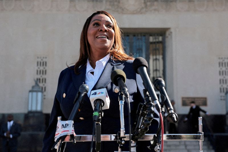 FILE PHOTO: New York Attorney General Letitia James speaks to the media outside the U.S. District Court for the Eastern District of Virginia, in Norfolk, Virginia, U.S., October 24, 2025. REUTERS/Jonathan Ernst/File Photo