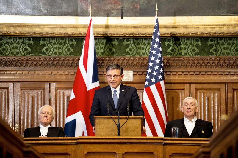 US House Speaker Mike Johnson addresses MPs in the House of Commons alongside Speaker of the House of Lords, Lord McFall and Speaker of the House of Commons Sir Lindsay Hoyle in Westminster, central London, Britain. Picture date: Tuesday January 20, 2026.    Jordan Pettitt/Pool via REUTERS