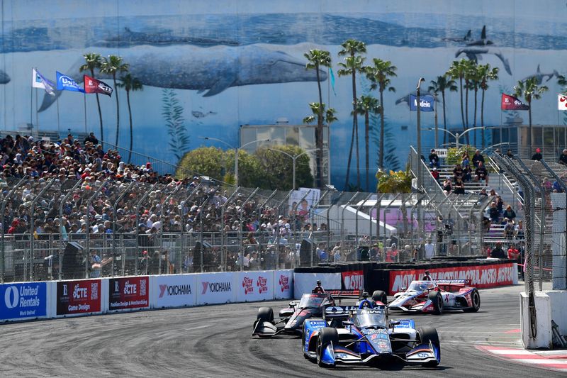FILE PHOTO: Apr 14, 2023; Long Beach, California, USA; Rahal Letterman Lanigan Racing driver Graham Rahal (15) of United States leads a group during practice at Long Beach Street Circuit. Mandatory Credit: Gary A. Vasquez-USA TODAY Sports/File Photo