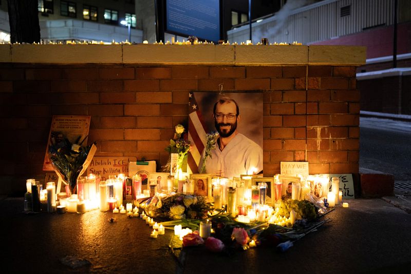 A memorial for Alex Pretti, an ICU nurse who was fatally shot by federal immigration agents trying to detain him in Minneapolis, Minnesota, at the Margaret Cochran Corbin VA Campus in New York City, U.S., January 29, 2026. REUTERS/David 'Dee' Delgado