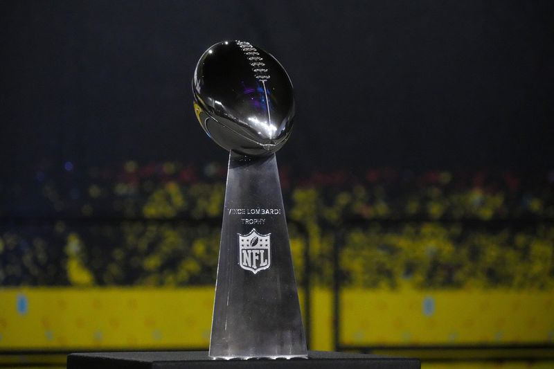 Feb 2, 2026; San Jose, CA, USA; The Vince Lombardi Trophy is displayed during Opening Night for Super Bowl LX at San Jose Convention Center. Mandatory Credit: Kirby Lee-Imagn Images