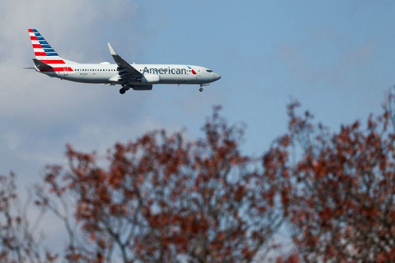 FILE PHOTO: An American Airlines plane arrives at LaGuardia Airport in the Queens borough of New York City, U.S., November 8, 2025. REUTERS/Kylie Cooper/File Photo