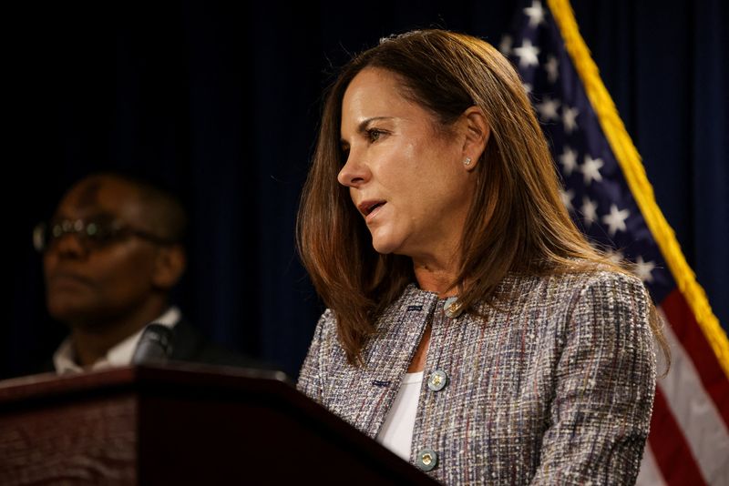 U.S. Attorney for Massachusetts Leah Foley addresses the media at a press conference in connection with an alleged fraud scheme involving SNAP benefits, in Boston, Massachusetts, U.S., February 3, 2026.  REUTERS/Taylor Coester