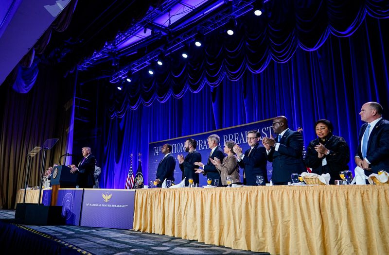 U.S. President Donald Trump receives a standing ovation as he speaks during the National Prayer Breakfast in Washington, D.C., U.S., February 5, 2026. REUTERS/Al Drago