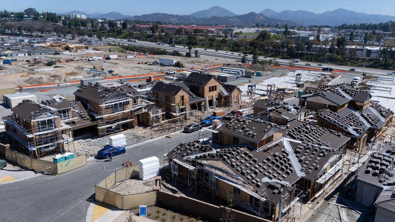 FILE PHOTO: A drone view shows new single family home construction in San Diego, California, U.S., March 25, 2025.  REUTERS/Mike Blake/File Photo