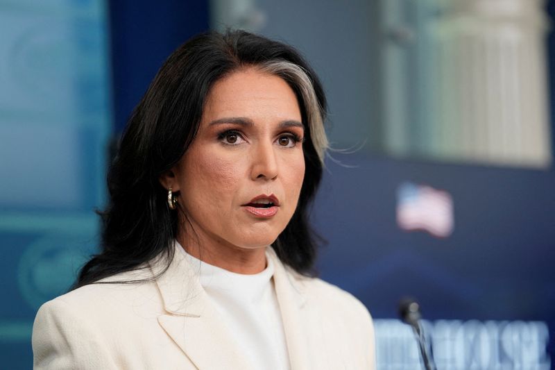 FILE PHOTO: Director of National Intelligence (DNI) Tulsi Gabbard speaks during a press briefing, at the White House in Washington, D.C., U.S., July 23, 2025. REUTERS/Kent Nishimura/File Photo