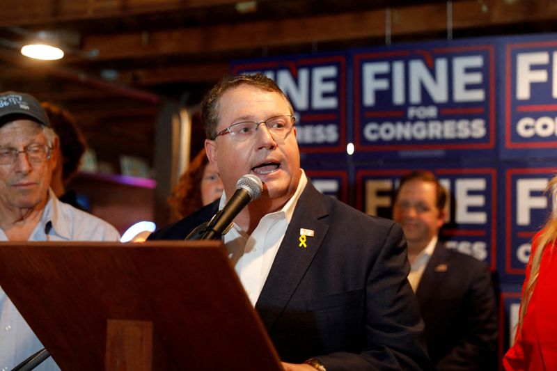 FILE PHOTO: Randy Fine, Republican nominee for 2025 Florida's 6th congressional district special election, speaks at a watch party, as Florida holds a special election for a U.S. House of Representatives seat vacated by National Security Adviser Michael Waltz, in Ormond Beach, Florida, U.S. April 1, 2025.  REUTERS/Octavio Jones/File Photo