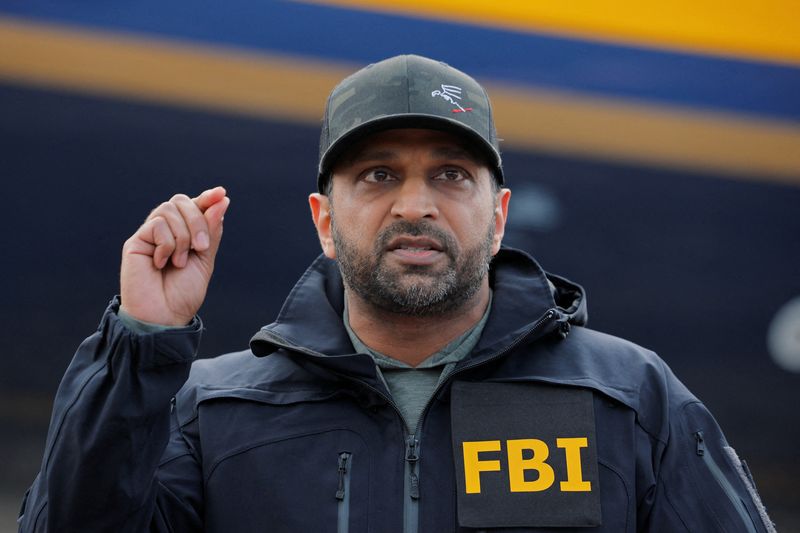 FILE PHOTO: FBI Director Kash Patel announces the apprehension of Ryan Wedding, a former Canadian Olympic snowboarder who was on the FBI's Ten Most Wanted Fugitive list, during a press conference in Ontario, California, U.S., January 23, 2026.   REUTERS/Mike Blake/ File Photo