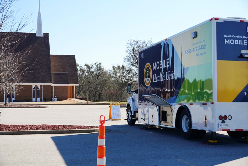 FILE PHOTO: A Mobile Health Unit stands outside a local church in Spartanburg, South Carolina, U.S., February 6, 2026. REUTERS/Jayla Whitfield-Anderson/ File Photo