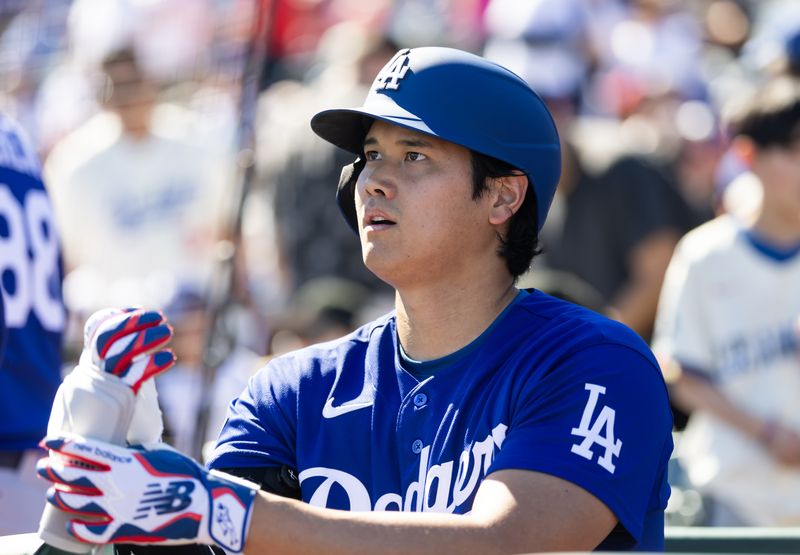 Feb 21, 2026; Tempe, Arizona, USA; Los Angeles Dodgers designated hitter Shohei Ohtani against the Los Angeles Angels during a spring training game at Tempe Diablo Stadium. Mandatory Credit: Mark J. Rebilas-Imagn Images