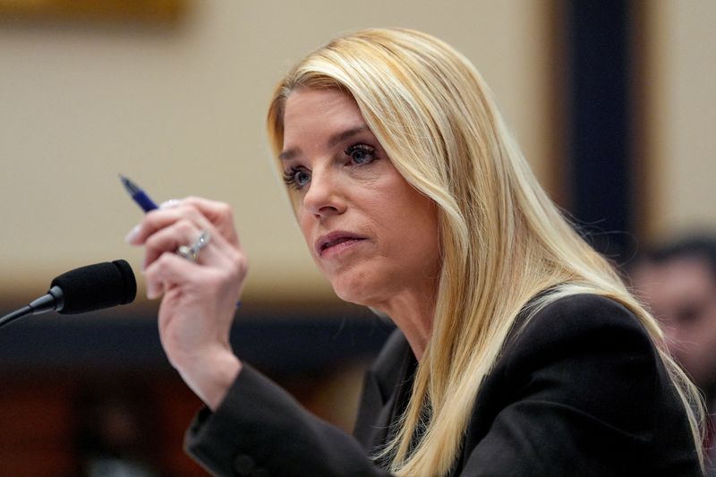 FILE PHOTO: U.S. Attorney General Pam Bondi testifies before a House Judiciary Committee hearing on oversight of the Justice Department, on Capitol Hill in Washington, D.C., U.S., February 11, 2026. REUTERS/Kent Nishimura/File Photo