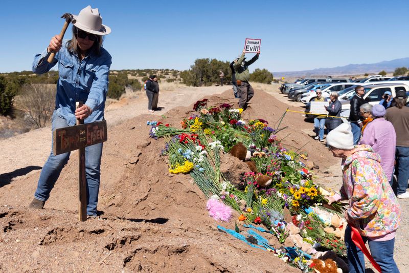 A memorial outside Zorro Ranch, a property formerly owned by Jeffrey Epstein, on International Women’s Day near Stanley, New Mexico, U.S. March 8, 2026.  REUTERS/Rebecca Noble