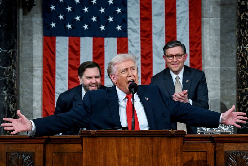 FILE PHOTO: U.S. President Donald J. Trump delivers the first State of the Union address of his second term to a joint session of Congress in the House Chamber of the United States Capitol in Washington, D.C., on Tuesday, February 24, 2026/ Kenny Holston /Pool via REUTERS/File Photo