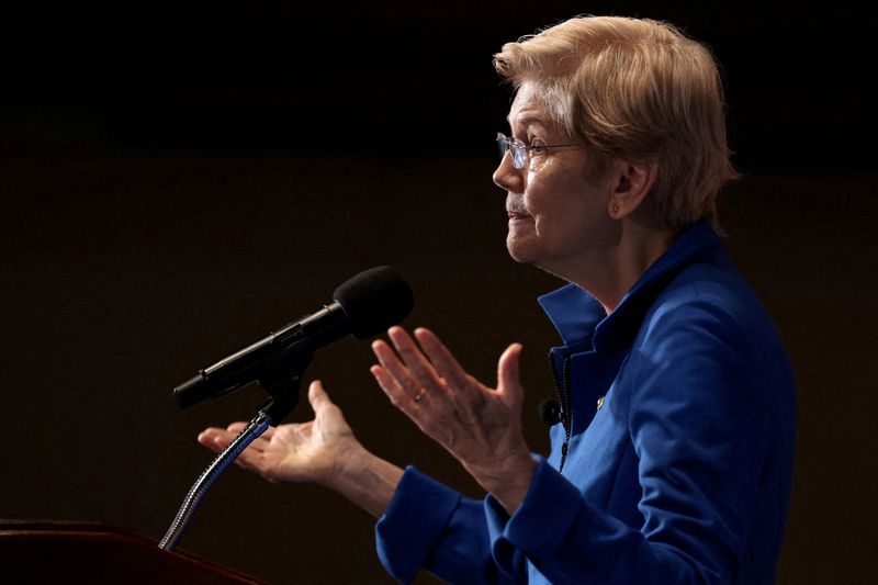 FILE PHOTO: U.S. Senator Elizabeth Warren (D-MA) speaks about the future of the Democratic Party during a newsmaker event at the National Press Club in Washington, D.C., U.S., January 12, 2026. REUTERS/Jonathan Ernst/File Photo