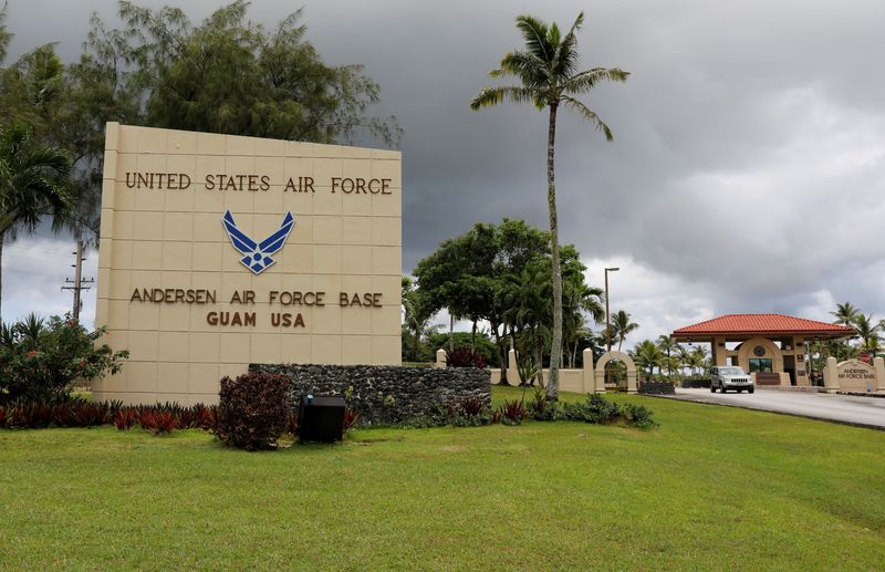 FILE PHOTO: A view of the entrance of U.S. military Andersen Air Force base on the island of Guam, a U.S. Pacific Territory, August 11, 2017.  REUTERS/Erik De Castro/File Photo