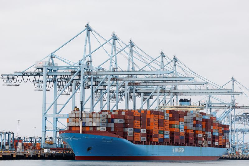 Shipping containers sit on a Maersk vessel docked at the port of Los Angeles in Long Beach, California, U.S., March 10, 2026. REUTERS/Caroline Brehman