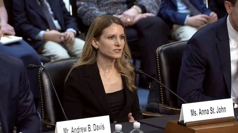 FILE PHOTO: Anna St. John, who has been nominated to serve as a federal judge in Louisiana, appears before the U.S. Senate Judiciary Committee in Washington, D.C., U.S., February 4, 2026, in this screengrab from video. U.S. Senate/Handout via REUTERS/File Photo