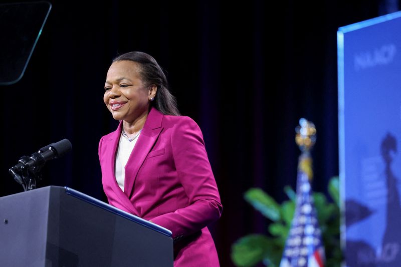 FILE PHOTO: Assistant Attorney General for Civil Rights Kristen Clarke speaks at the 115th NAACP National Convention in Las Vegas, Nevada, U.S., July 16, 2024. REUTERS/Tom Brenner/File Photo