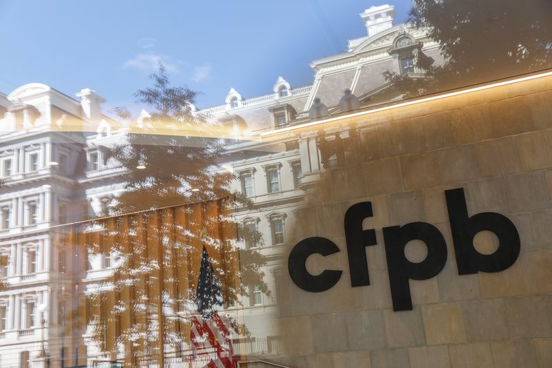 Signage is seen at the Consumer Financial Protection Bureau (CFPB) headquarters in Washington, D.C., U.S., August 29, 2020. REUTERS/Andrew Kelly
