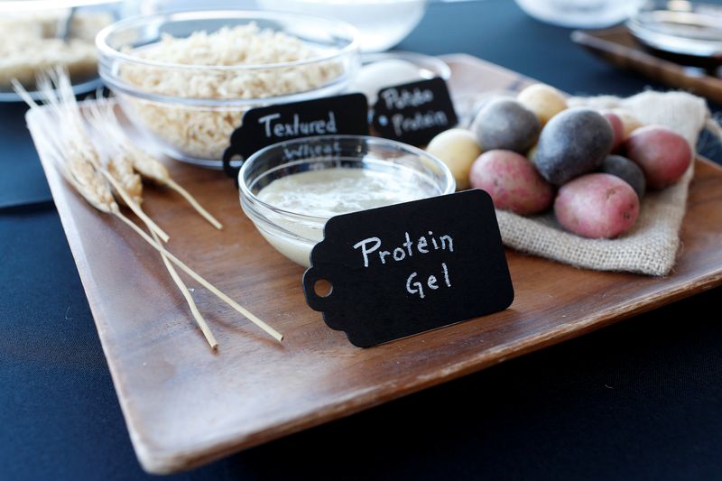 FILE PHOTO: Ingredients for plant-based hamburgers, including a protein gel, are on display in this illustration in Redwood City, California, U.S. October 6, 2016. REUTERS/Beck Diefenbach/File Photo