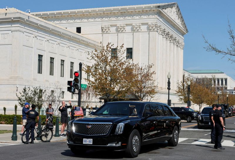 U.S. President Donald Trump departs the U.S. Supreme Court building in his motorcade after attending oral arguments on the legality of his administration's effort to limit birthright citizenship for the children of immigrants, in Washington, D.C., U.S., April 1, 2026. REUTERS/Jonathan Ernst